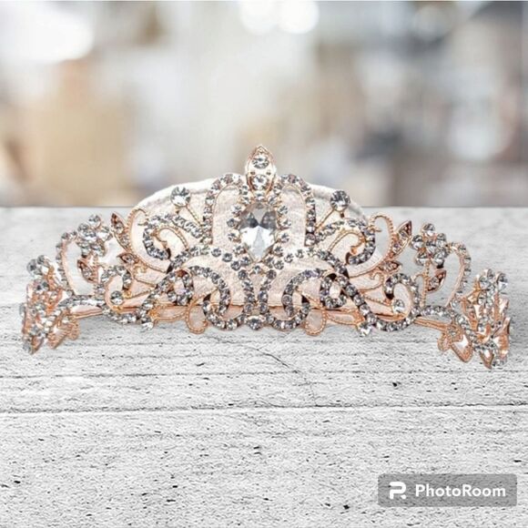 Rose Gold Tiara Bridal Pageant Crown Shiny Rhinestone Princess Birthday - Picture 12 of 12